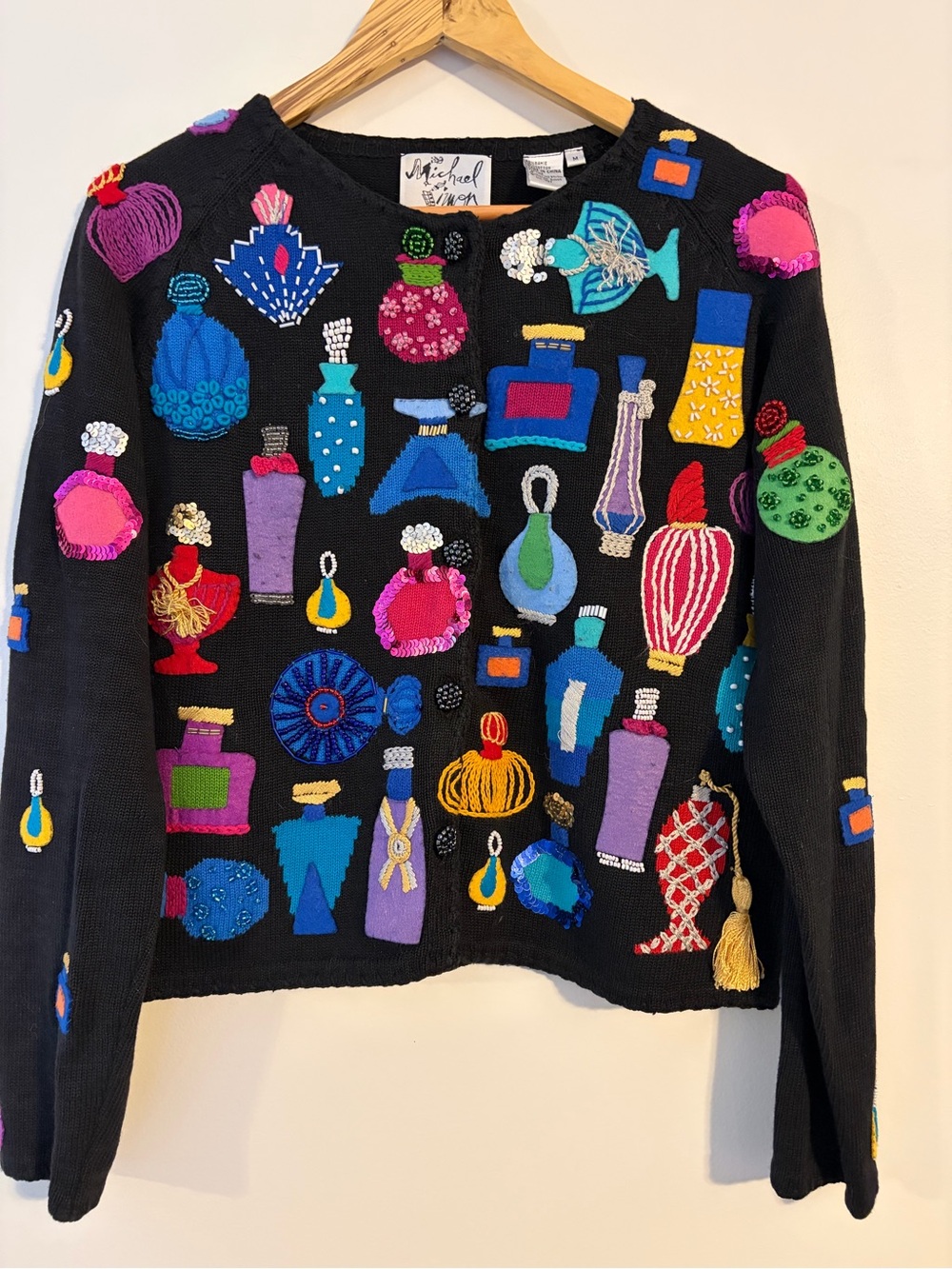 Vintage Michael Simon 1997 Black Perfume Bottle Embroidered Sweater - M